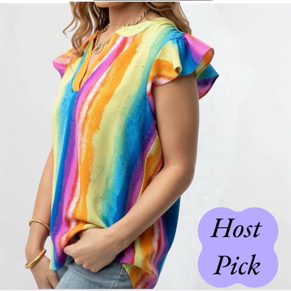 Tops - Multi-colored Flutter Sleeve Blouse with Peter Pan Collar-Medium